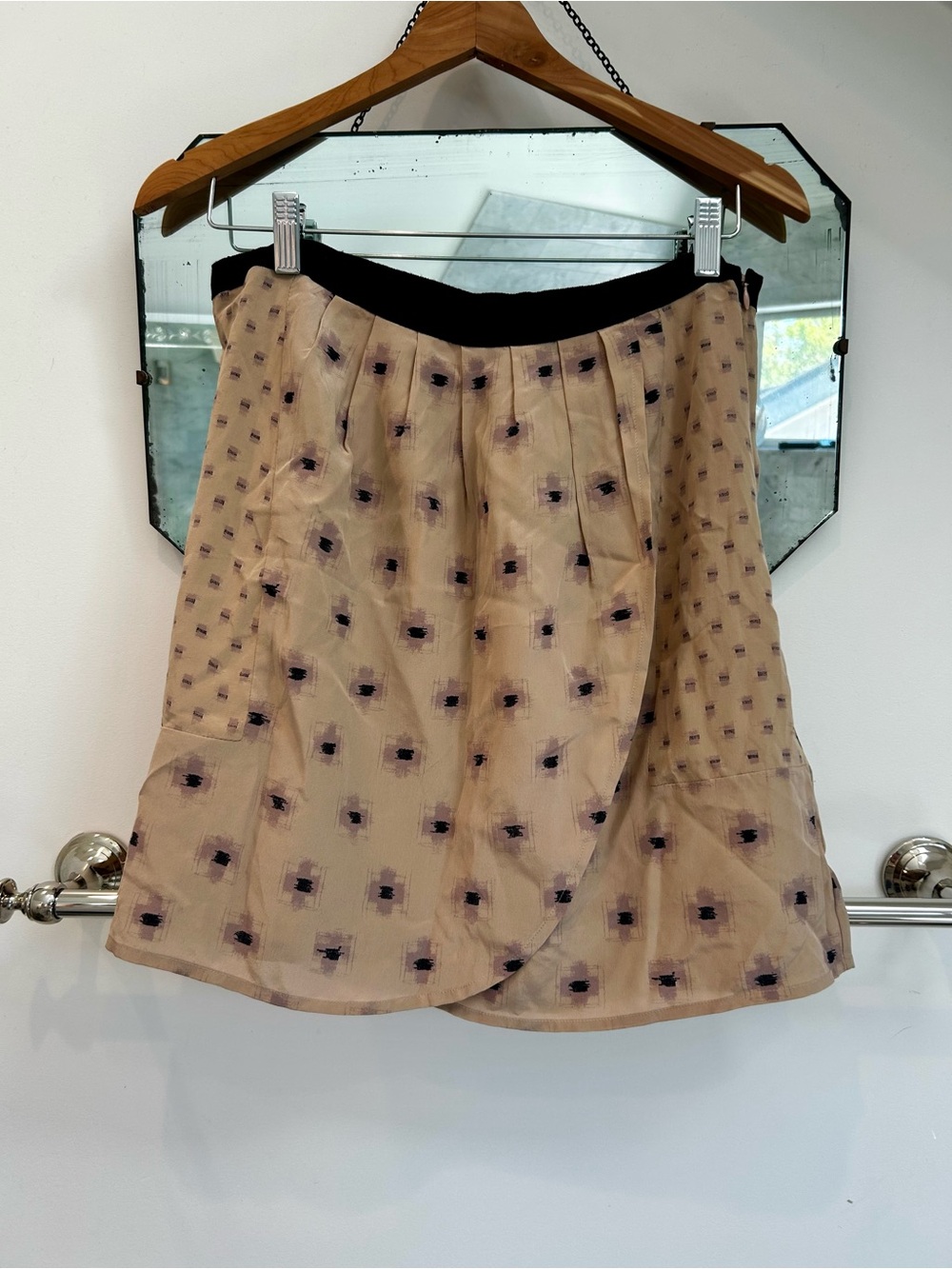 Anthropologie Joie Beige Silk Skirt with Black Waistband and Dot Print